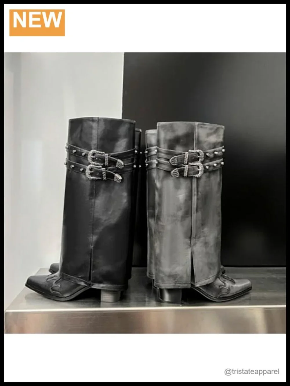Fold Over Knee High Boots Chunky Block Mid Heel Pull On Tall Boots Wide Calf